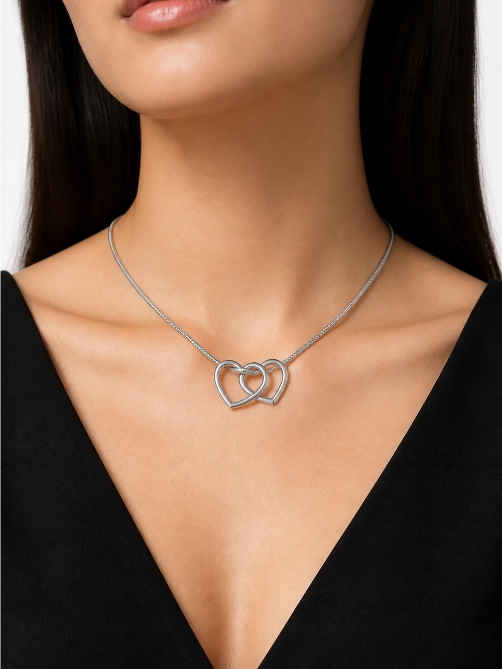 VTG Sterling Silver Interlocking Dbl
Heart Necklace 20" Liquid Snake Chain 925
